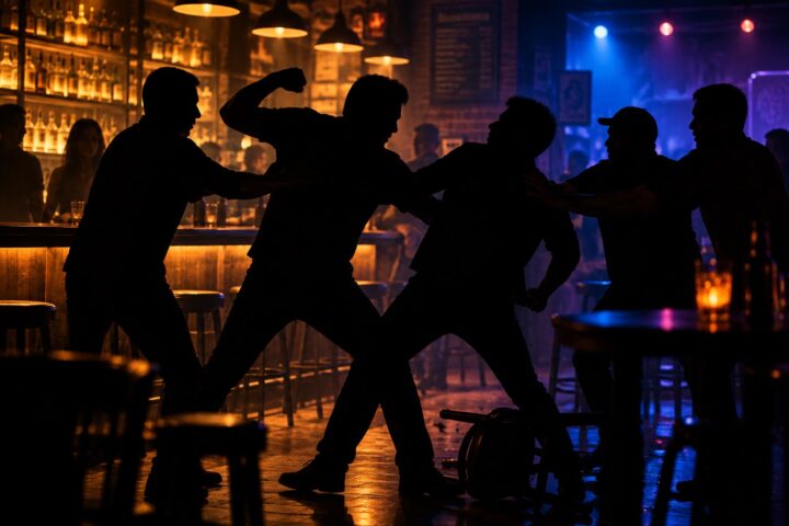 Illustration of a bar brawl involving several people.