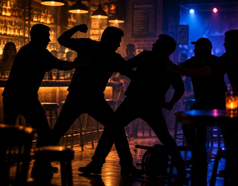 Illustration of a bar brawl involving several people.